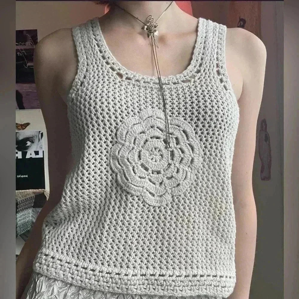Crochet Rose festival tank top cottage core anthro chunky knit / vest